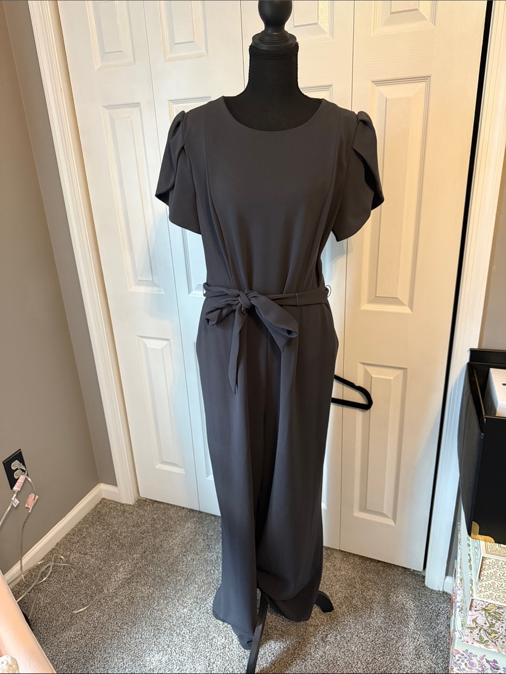 Elegant Charcoal Gray Belted Jumpsuit